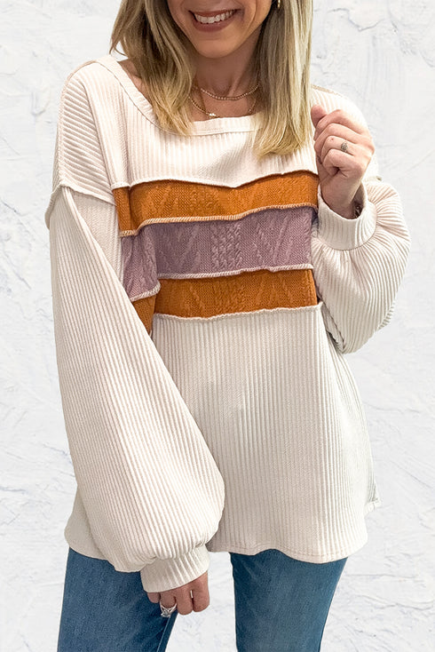 Corded Exposed Seam Textured Knit Patchwork Top