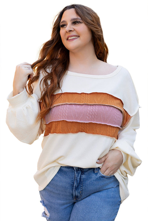 Corded Exposed Seam Textured Knit Patchwork Top