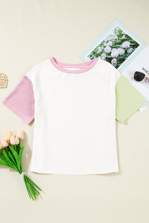 Corded Fabric Blocked Print Casual Crewneck Tee