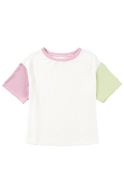 Corded Fabric Blocked Print Casual Crewneck Tee