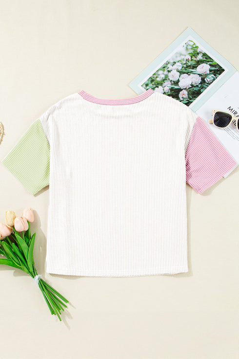 Corded Fabric Blocked Print Casual Crewneck Tee