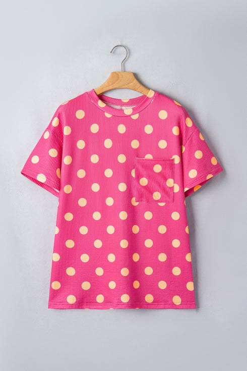 Corded Jacquard Polka Dot Drop Shoulder Patch Pocket Top