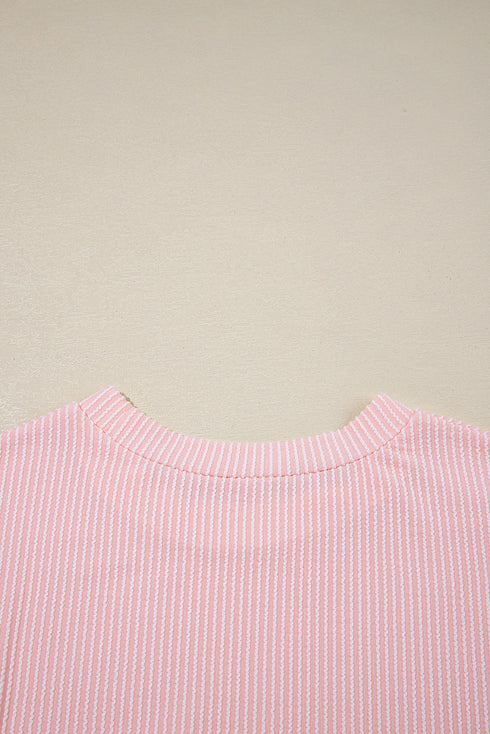Corded Knit Contrast Panel Pocketed Crew Neck Tee