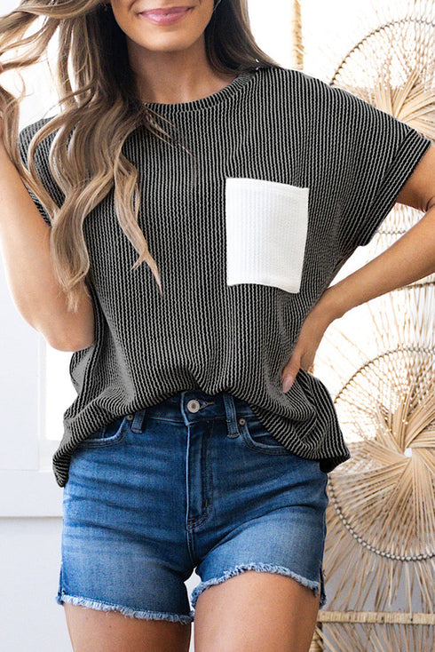 Corded Knit Contrast Panel Pocketed Crew Neck Tee