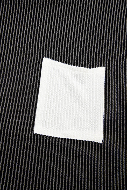 Corded Knit Contrast Panel Pocketed Crew Neck Tee