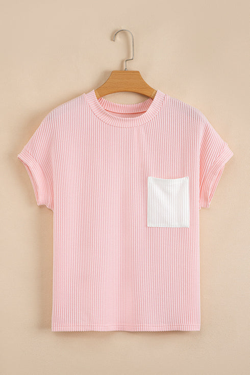 Corded Knit Contrast Panel Pocketed Crew Neck Tee