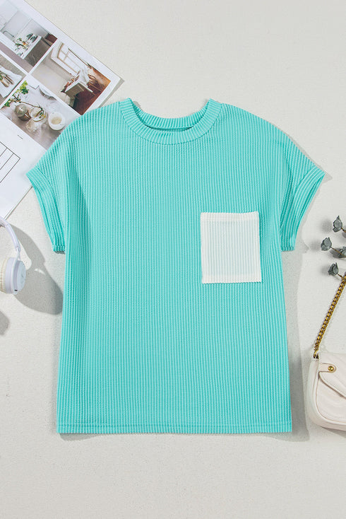 Corded Knit Contrast Panel Pocketed Crew Neck Tee