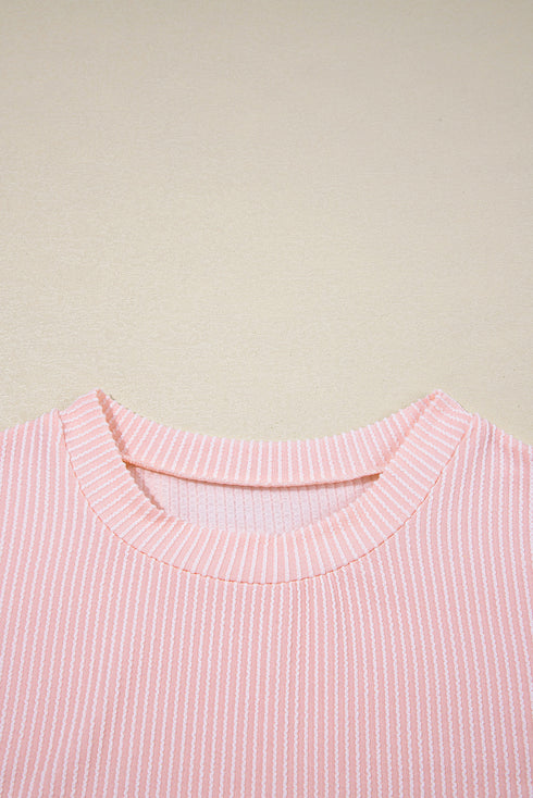 Corded Knit Contrast Panel Pocketed Crew Neck Tee
