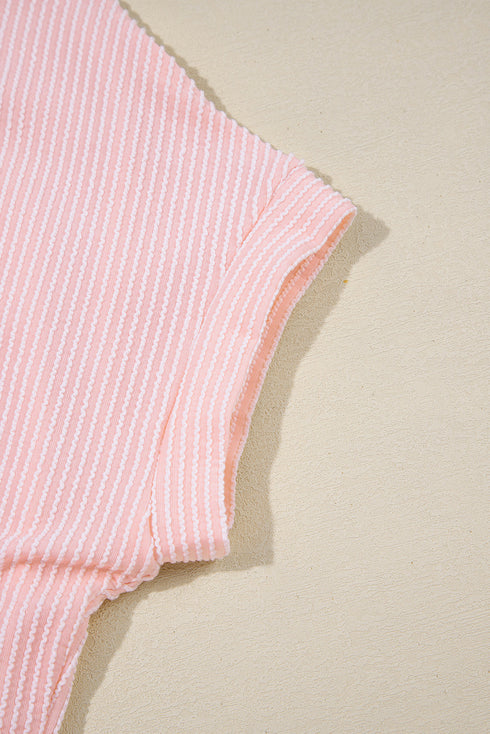 Corded Knit Contrast Panel Pocketed Crew Neck Tee