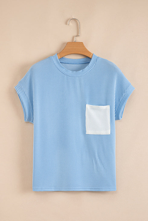 Corded Knit Contrast Panel Pocketed Crew Neck Tee