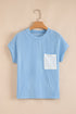 Corded Knit Contrast Panel Pocketed Crew Neck Tee