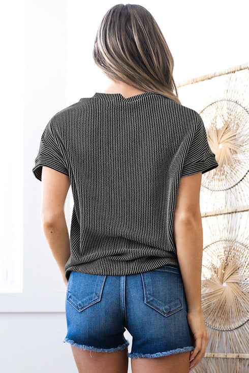 Corded Knit Contrast Panel Pocketed Crew Neck Tee