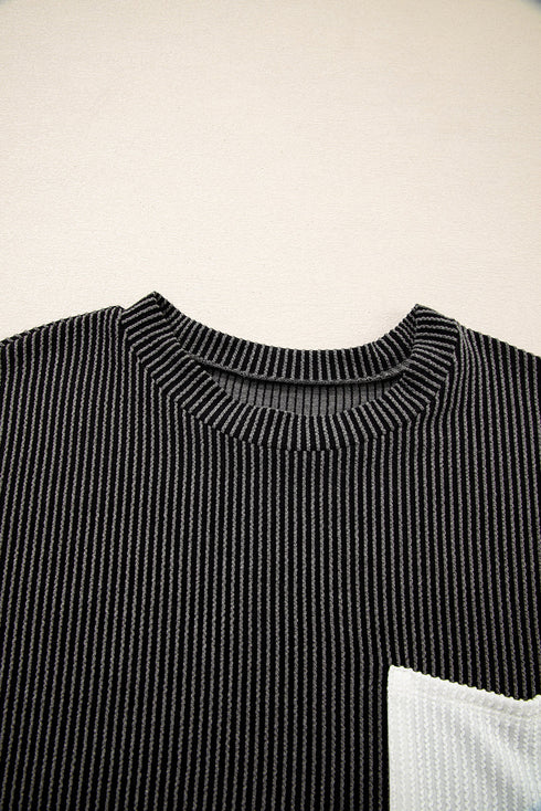 Corded Knit Contrast Panel Pocketed Crew Neck Tee