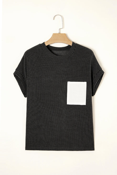 Corded Knit Contrast Panel Pocketed Crew Neck Tee