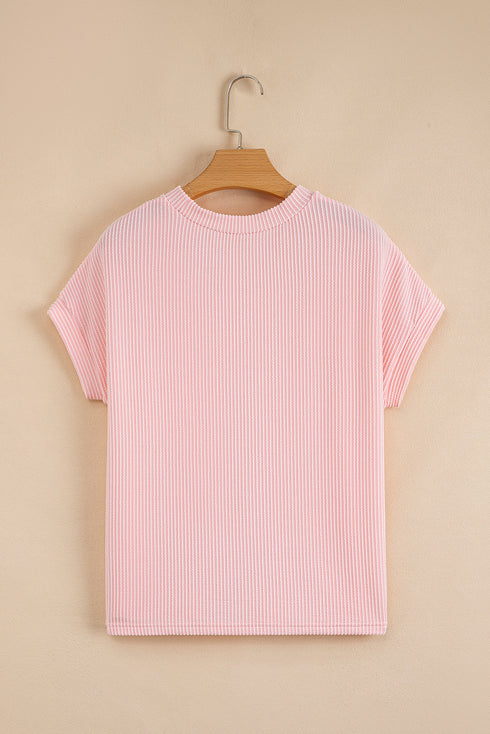 Corded Knit Contrast Panel Pocketed Crew Neck Tee