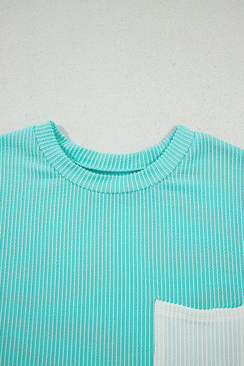 Corded Knit Contrast Panel Pocketed Crew Neck Tee