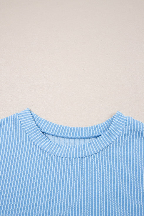 Corded Knit Contrast Panel Pocketed Crew Neck Tee