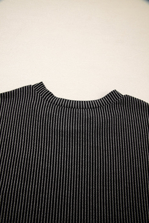 Corded Knit Contrast Panel Pocketed Crew Neck Tee