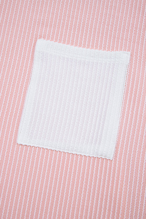 Corded Knit Contrast Panel Pocketed Crew Neck Tee