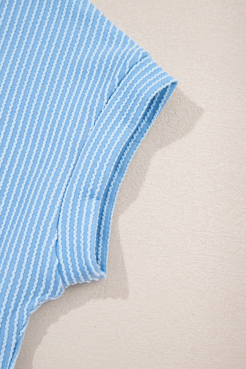 Corded Knit Contrast Panel Pocketed Crew Neck Tee