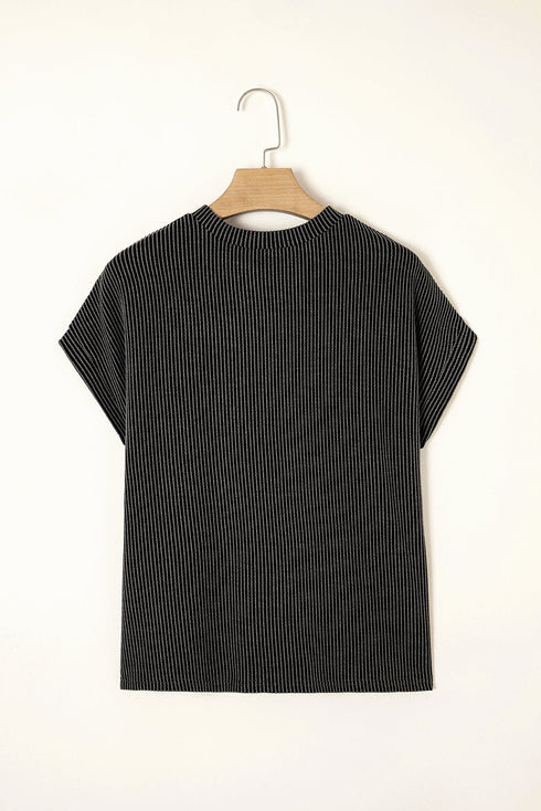 Corded Knit Contrast Panel Pocketed Crew Neck Tee