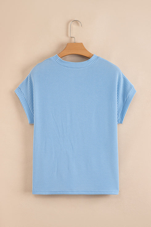 Corded Knit Contrast Panel Pocketed Crew Neck Tee