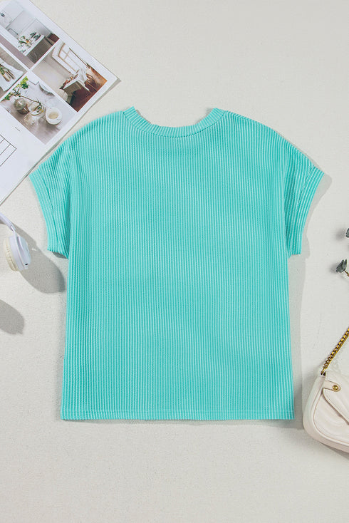 Corded Knit Contrast Panel Pocketed Crew Neck Tee