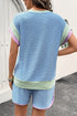 Corded Knit Contrast Trim Cap Sleeve Patchwork Short Set