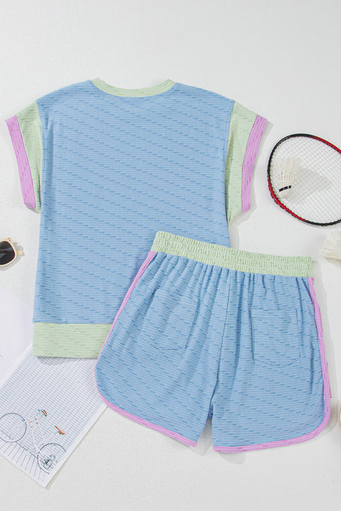 Corded Knit Contrast Trim Cap Sleeve Patchwork Short Set