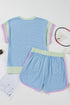 Corded Knit Contrast Trim Cap Sleeve Patchwork Short Set