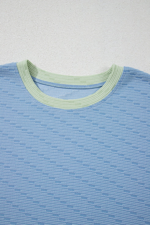 Corded Knit Contrast Trim Cap Sleeve Patchwork Short Set