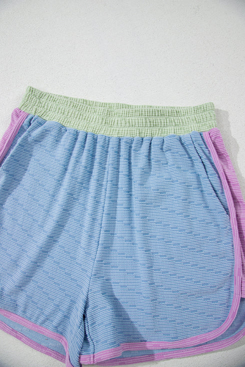 Corded Knit Contrast Trim Cap Sleeve Patchwork Short Set