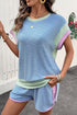 Corded Knit Contrast Trim Cap Sleeve Patchwork Short Set