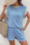 Corded Knit Contrast Trim Cap Sleeve Patchwork Short Set