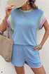 Corded Knit Contrast Trim Cap Sleeve Patchwork Short Set