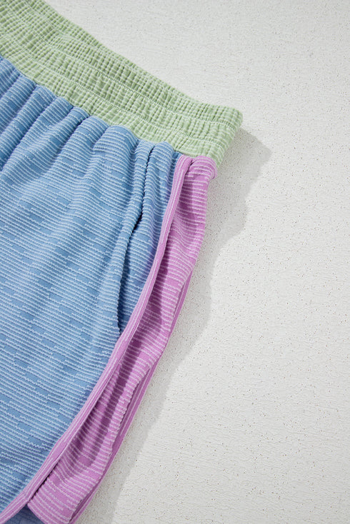 Corded Knit Contrast Trim Cap Sleeve Patchwork Short Set