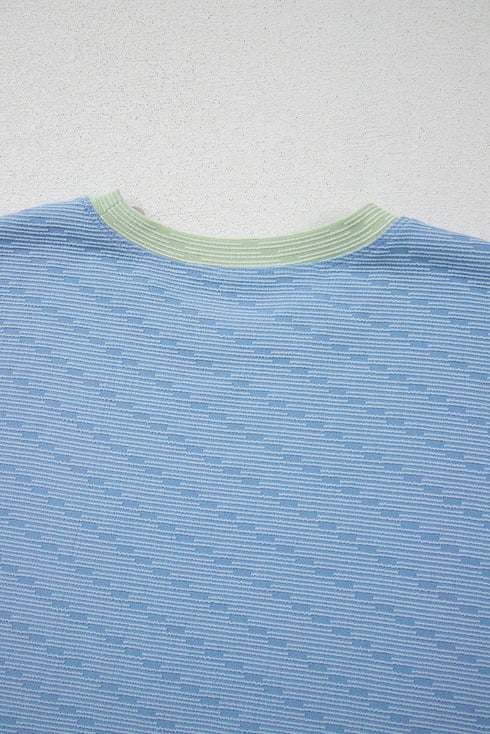 Corded Knit Contrast Trim Cap Sleeve Patchwork Short Set