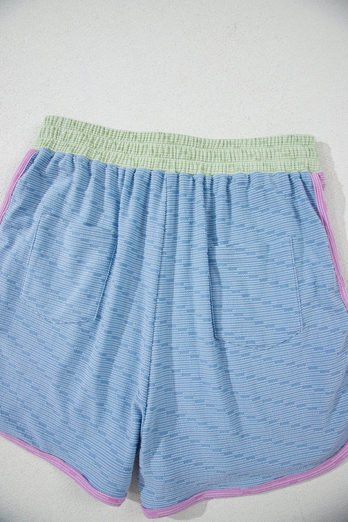 Corded Knit Contrast Trim Cap Sleeve Patchwork Short Set