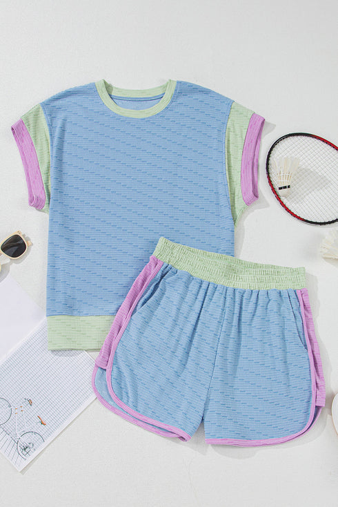 Corded Knit Contrast Trim Cap Sleeve Patchwork Short Set