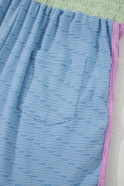 Corded Knit Contrast Trim Cap Sleeve Patchwork Short Set