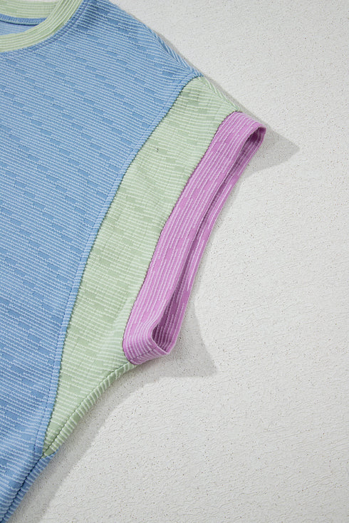Corded Knit Contrast Trim Cap Sleeve Patchwork Short Set