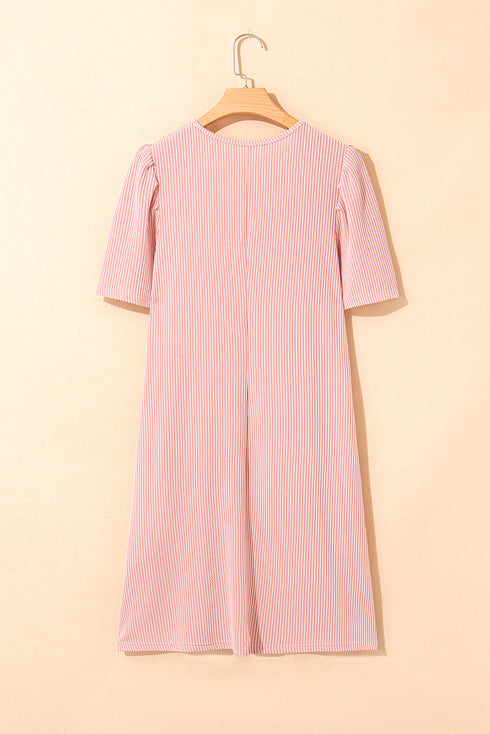 Corded Knit Crew Neck Puff Sleeve Shift Mini Dress