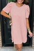Corded Knit Crew Neck Puff Sleeve Shift Mini Dress