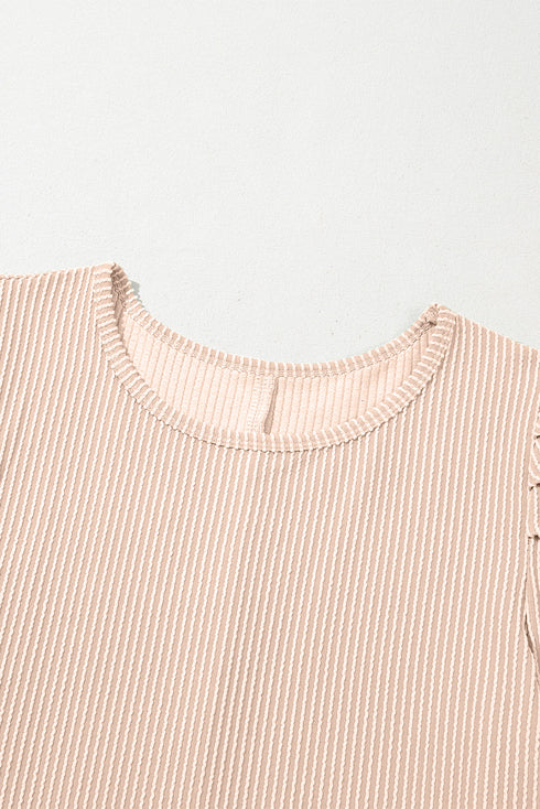 Corded Knit Crew Neck Puff Sleeve Shift Mini Dress