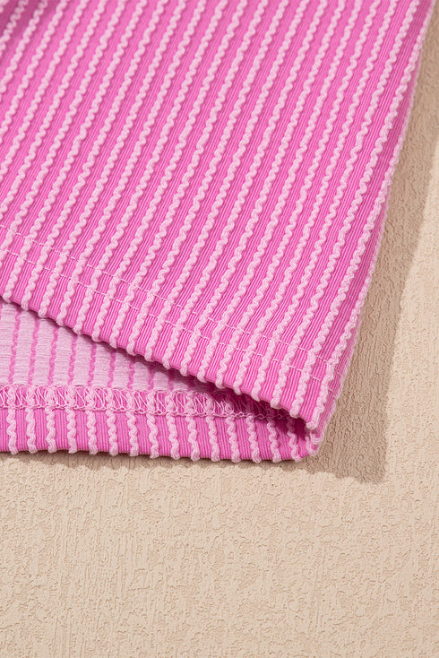 Corded Knit Crew Neck Puff Sleeve Shift Mini Dress