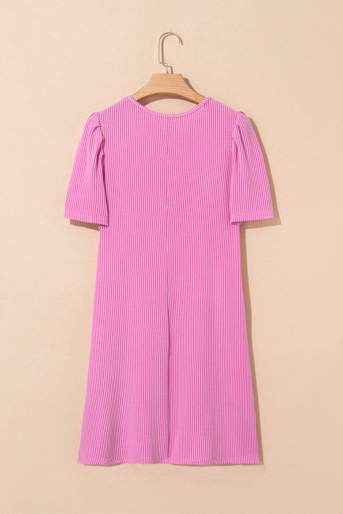 Corded Knit Crew Neck Puff Sleeve Shift Mini Dress