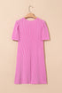 Corded Knit Crew Neck Puff Sleeve Shift Mini Dress