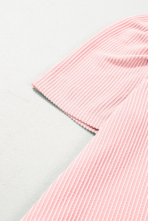 Corded Knit Crew Neck Puff Sleeve Shift Mini Dress