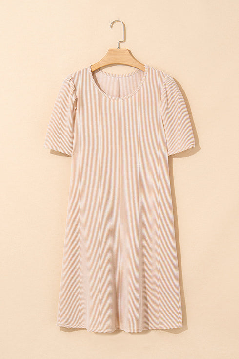 Corded Knit Crew Neck Puff Sleeve Shift Mini Dress