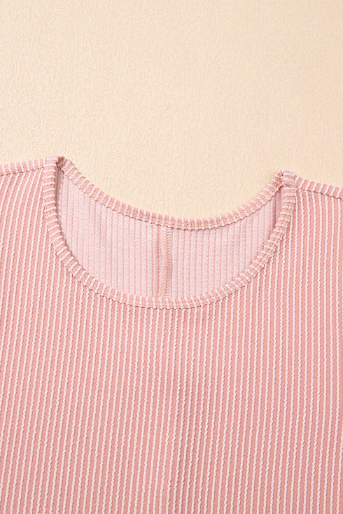 Corded Knit Crew Neck Puff Sleeve Shift Mini Dress